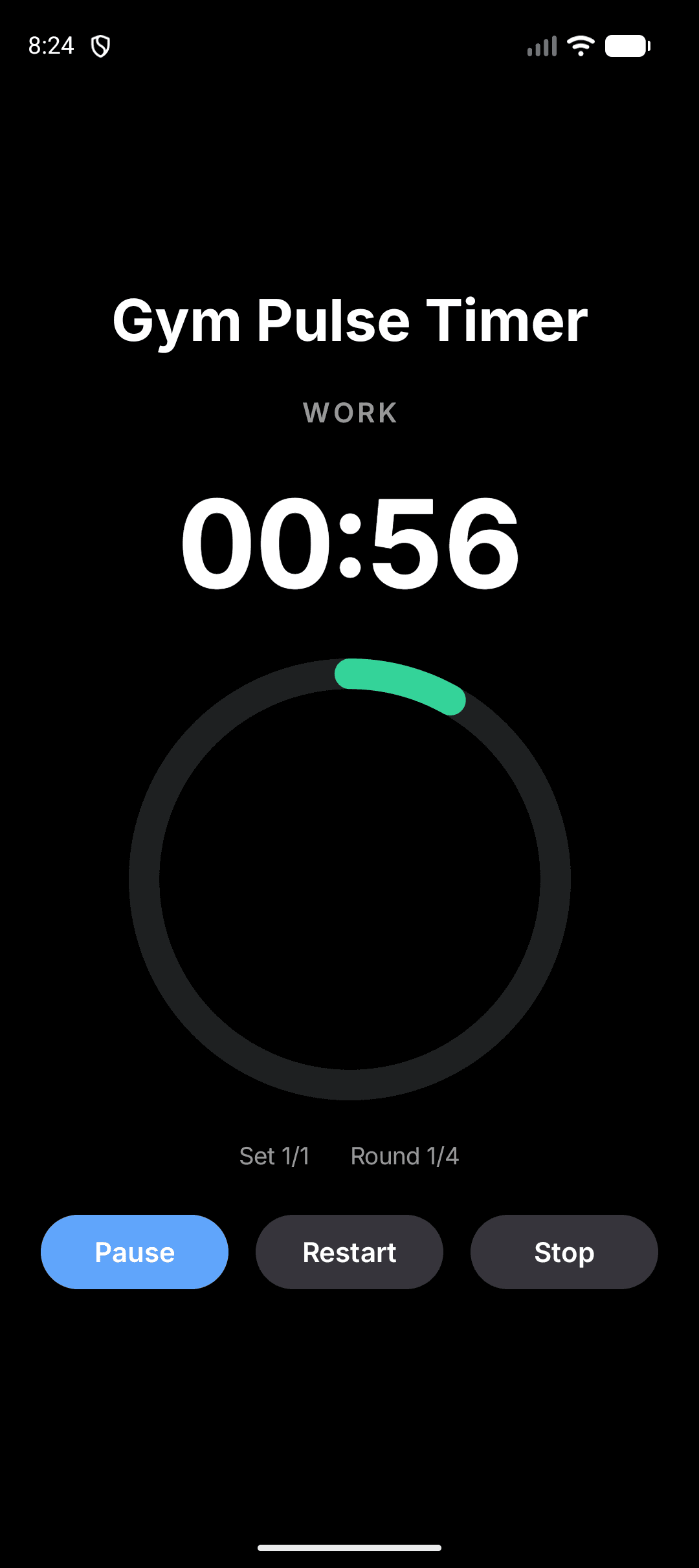 GymPulseTimer on Android — work phase with green countdown ring