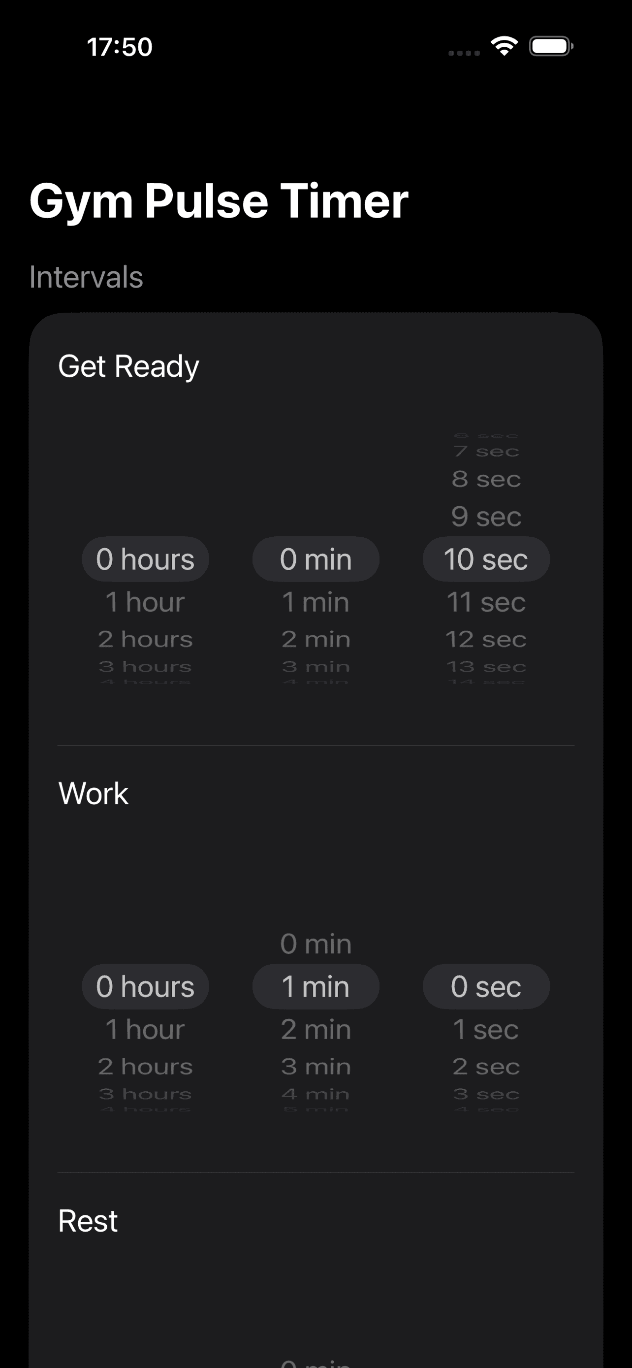 iPhone setup screen with wheel pickers for configuring timer phases