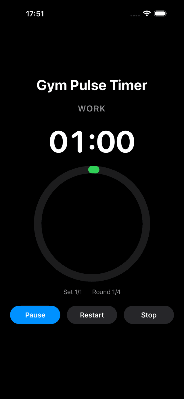 GymPulseTimer work phase running on iPhone with a phase-coloured ring and live countdown
