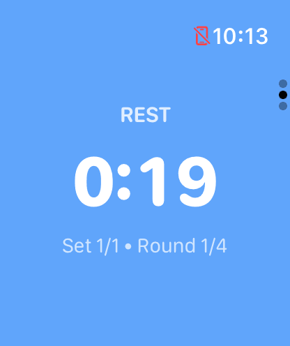 GymPulseTimer Apple Watch rest phase — the watchOS interval timer showing remaining rest time with a haptic cue before the next round