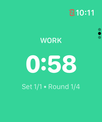 GymPulseTimer interval timer on Apple Watch — the work phase running standalone on watchOS with a haptic cue at every transition